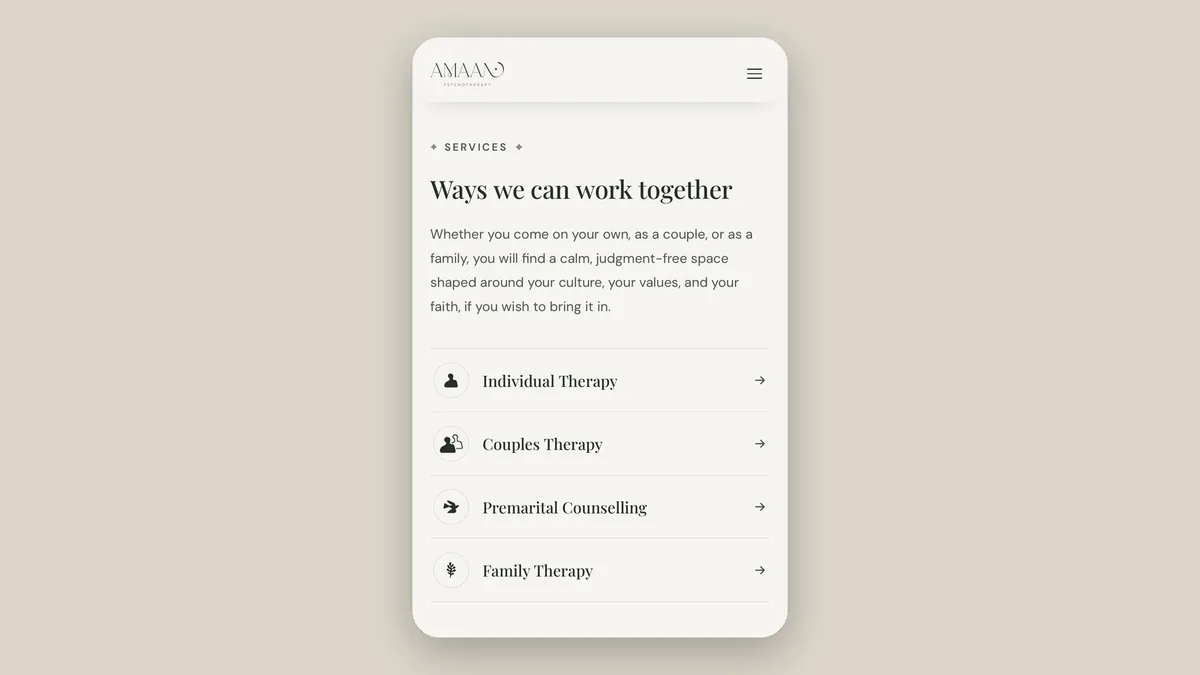 The Amaan services page on a phone
