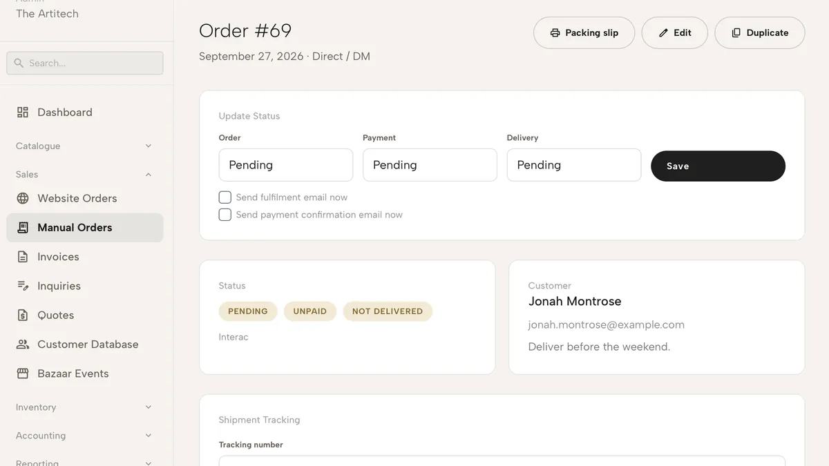 An order page in the Artitech admin