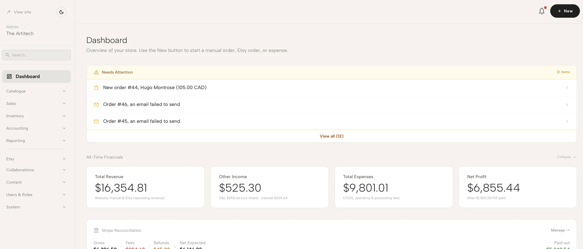 The Artitech admin dashboard