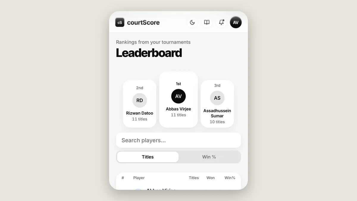 The courtScore leaderboard on a phone