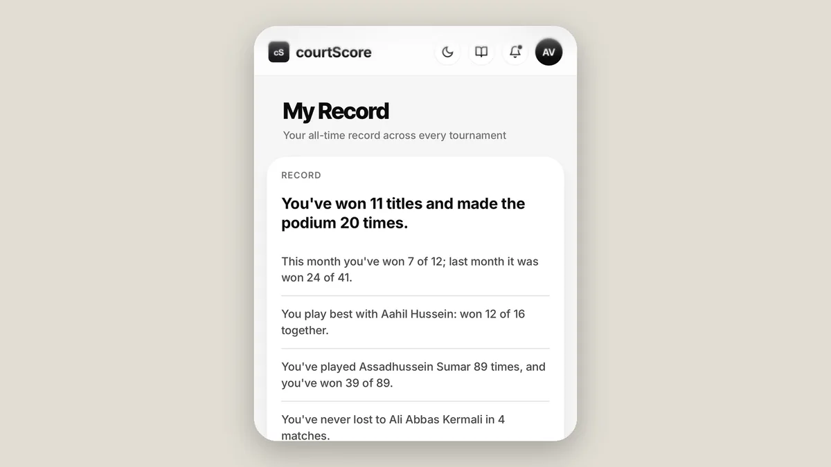 A personal record in courtScore on a phone
