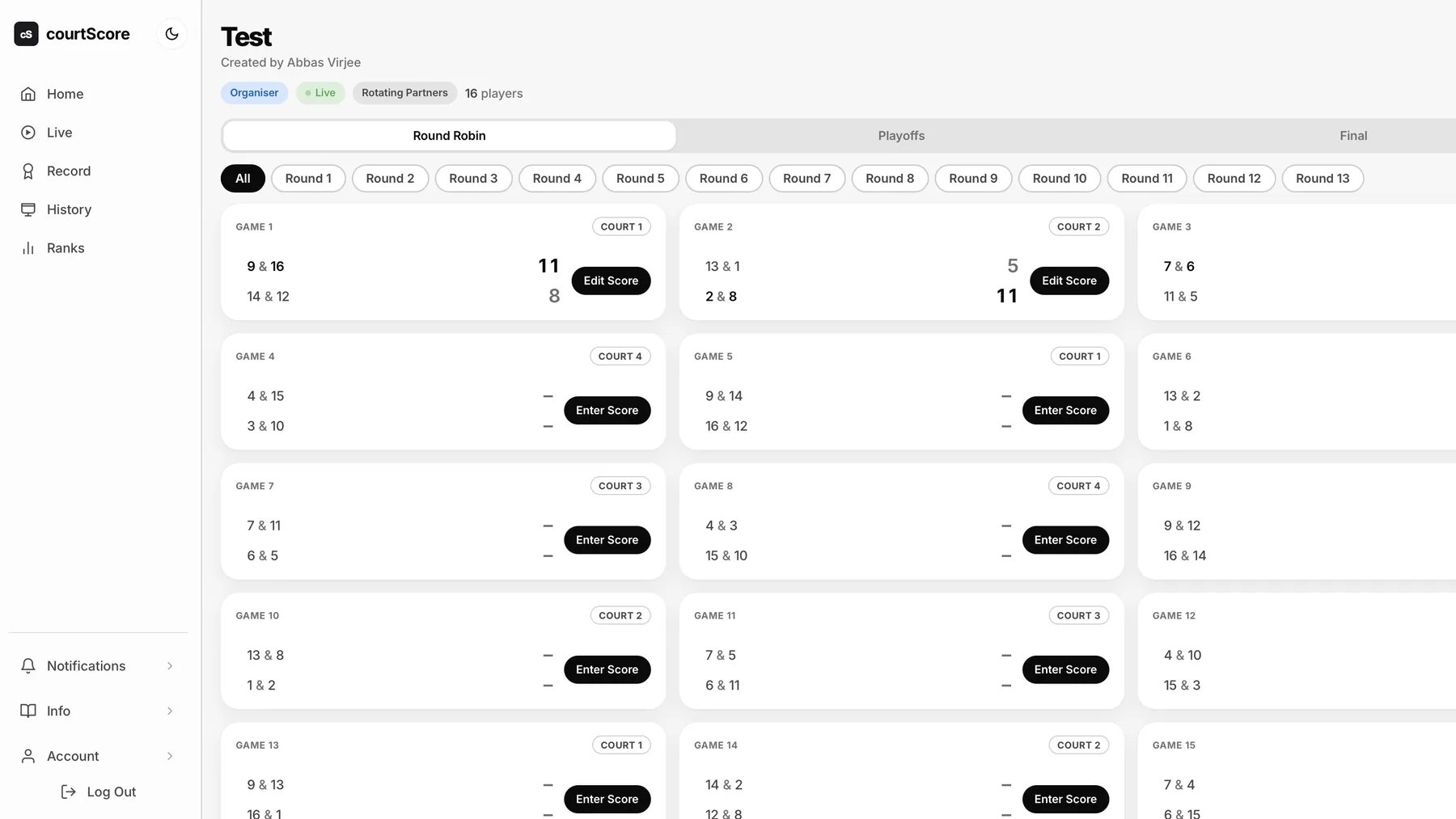 courtScore round robin fixtures on desktop