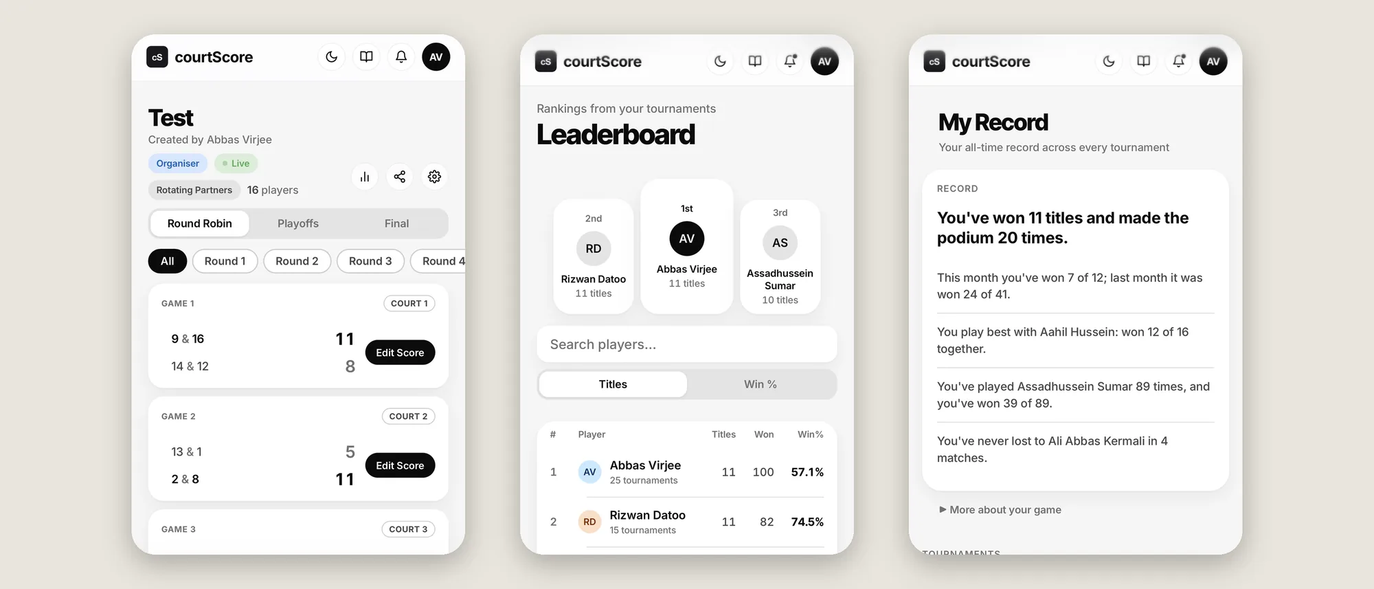 courtScore on three phones